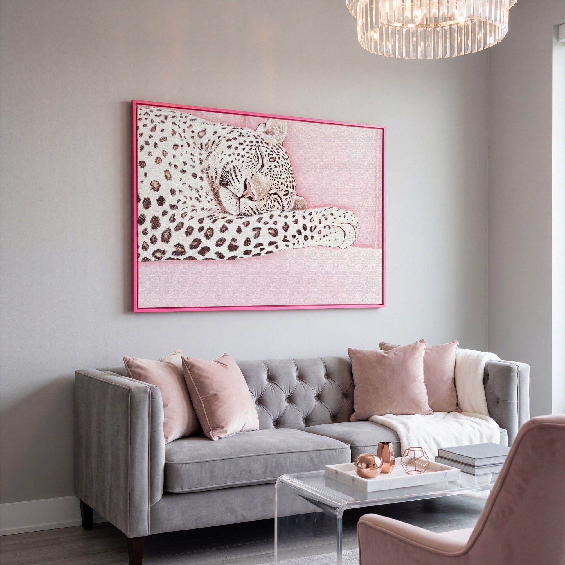 Soft Pastel Leopard Canvas in Pink and Cream in pink floating frame