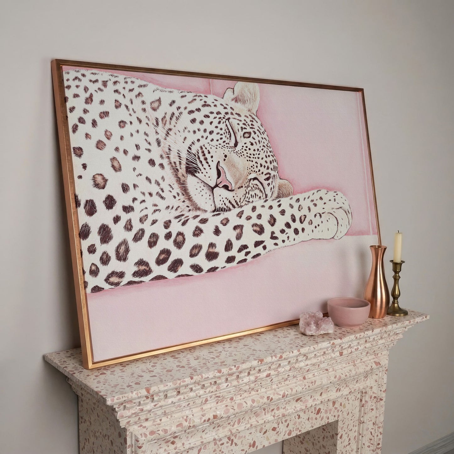 Soft Pastel Leopard Canvas in Pink and Cream in rose gold floating frame