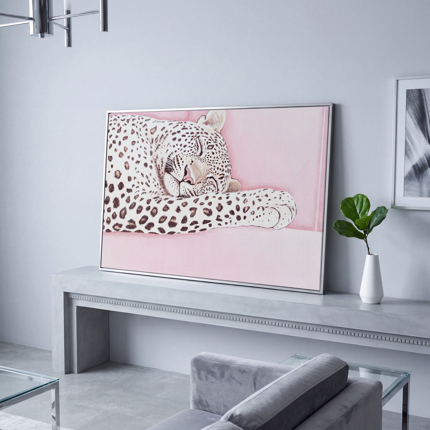 Soft Pastel Leopard Canvas in Pink and Cream in silver floating frame