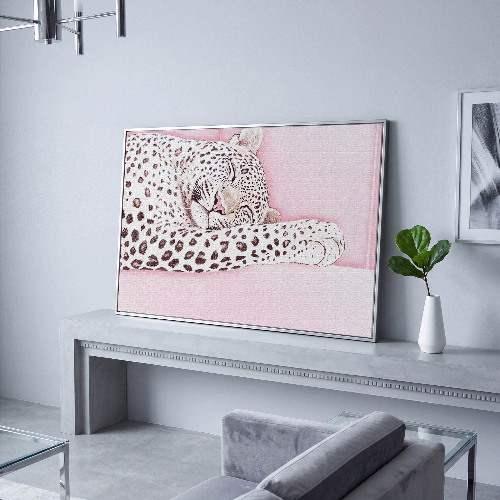 Soft Pastel Leopard Canvas in Pink and Cream in silver floating frame