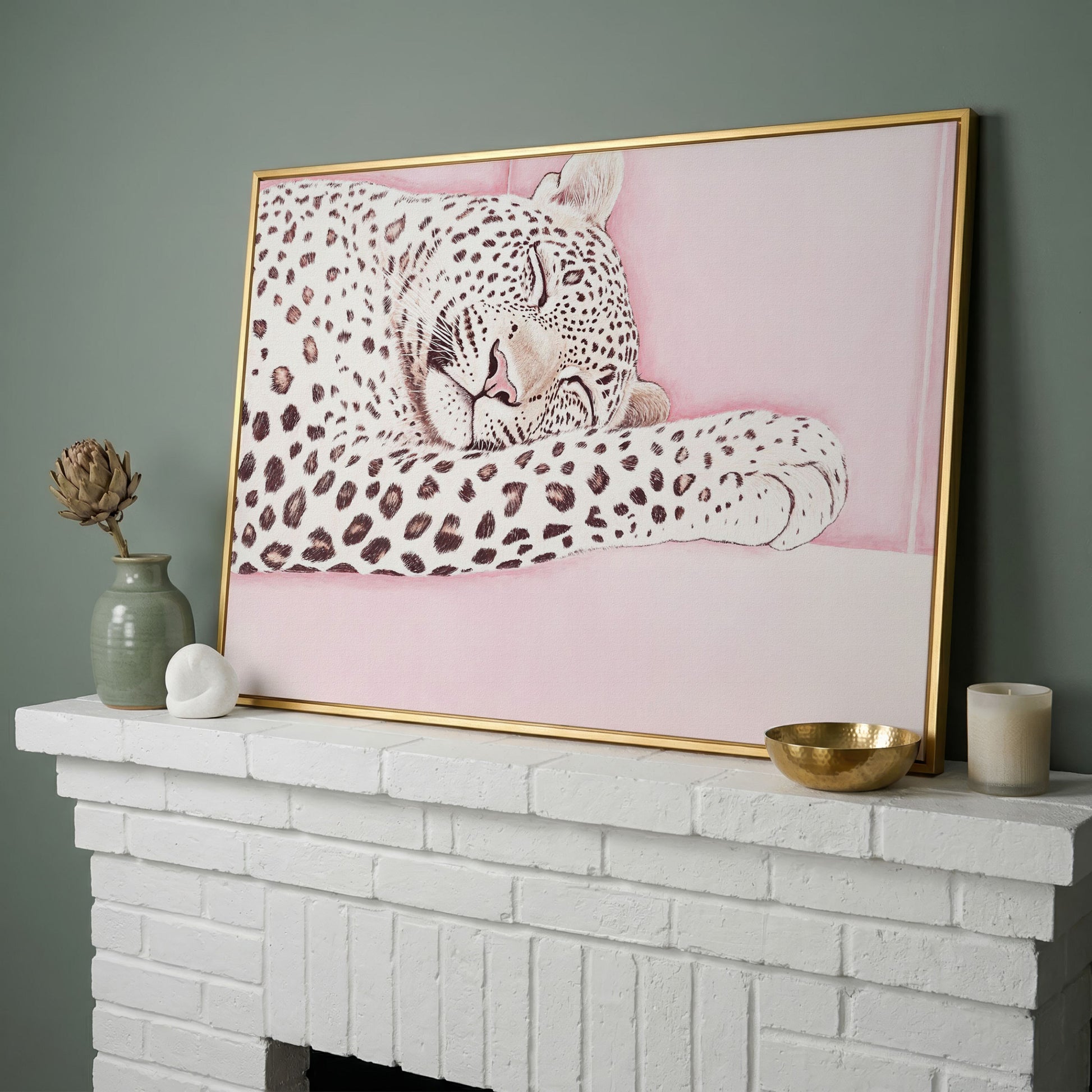 Soft Pastel Leopard Canvas in Pink and Cream in yellow gold floating frame