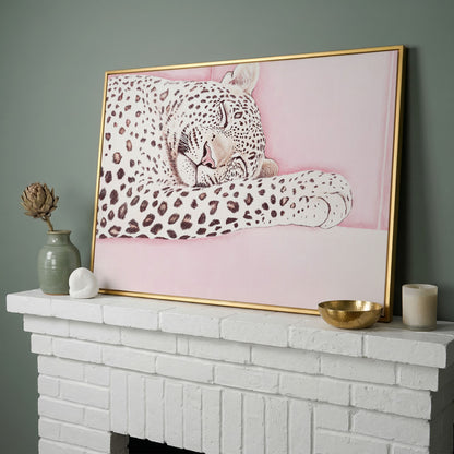 Soft Pastel Leopard Canvas in Pink and Cream in yellow gold floating frame