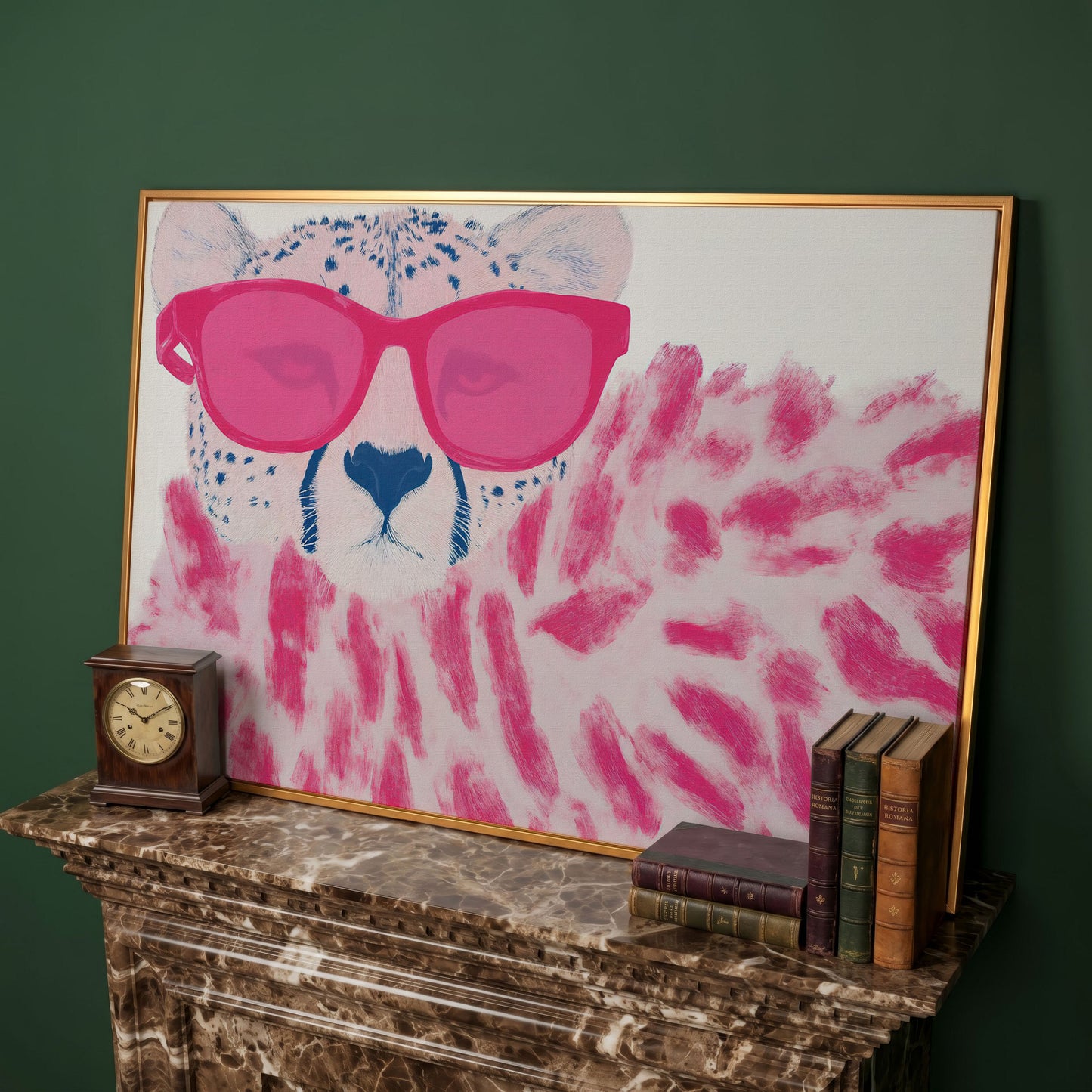 Cheetah with Pink Sunglasses Canvas Print in antique gold floating frame