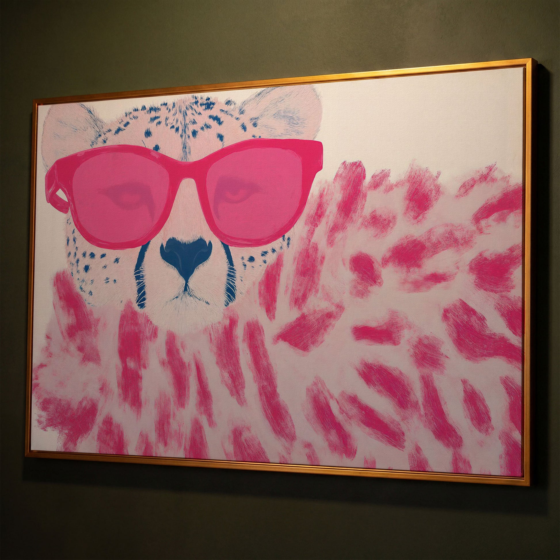 Cheetah with Pink Sunglasses Canvas Print shown in antique gold floating frame