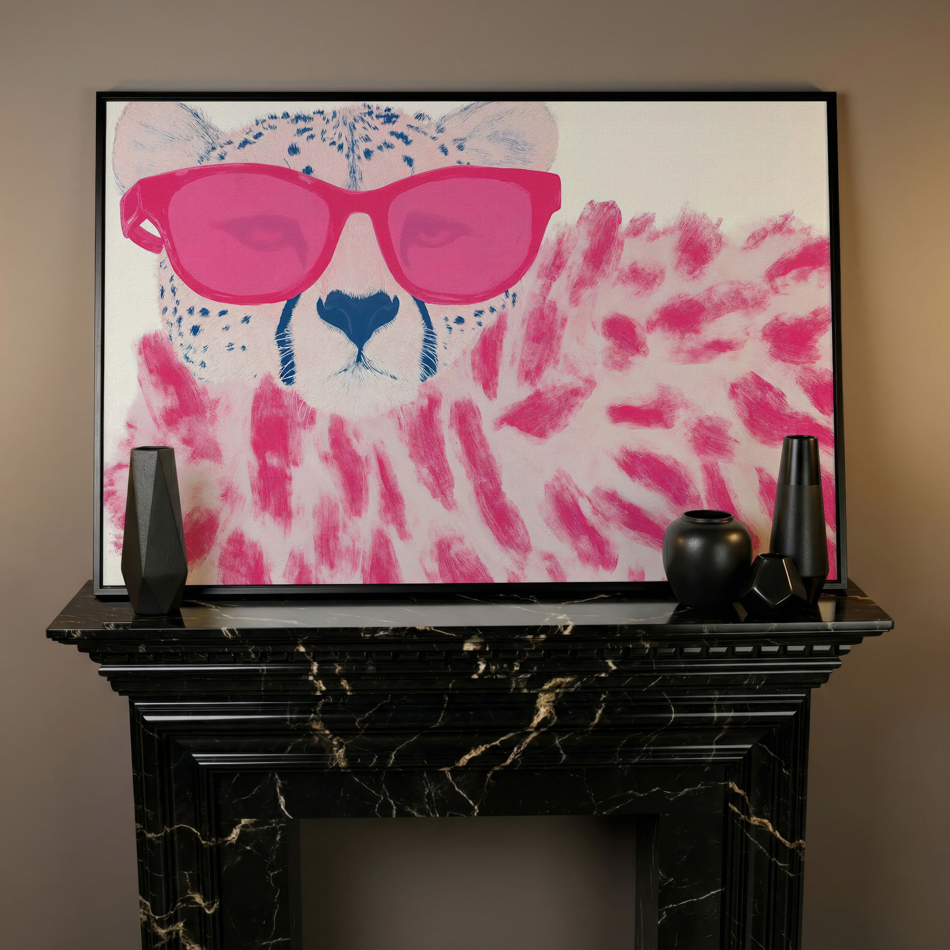 Cheetah with Pink Sunglasses Canvas Print in black floating frame