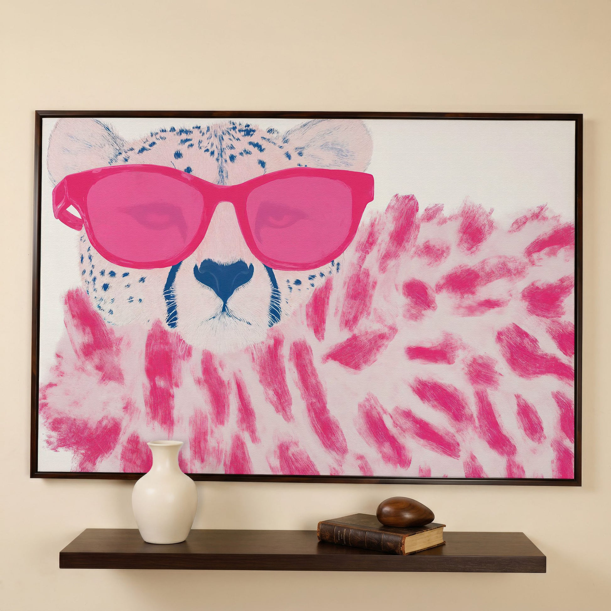 Cheetah with Pink Sunglasses Canvas Print in dark walnut floating frame