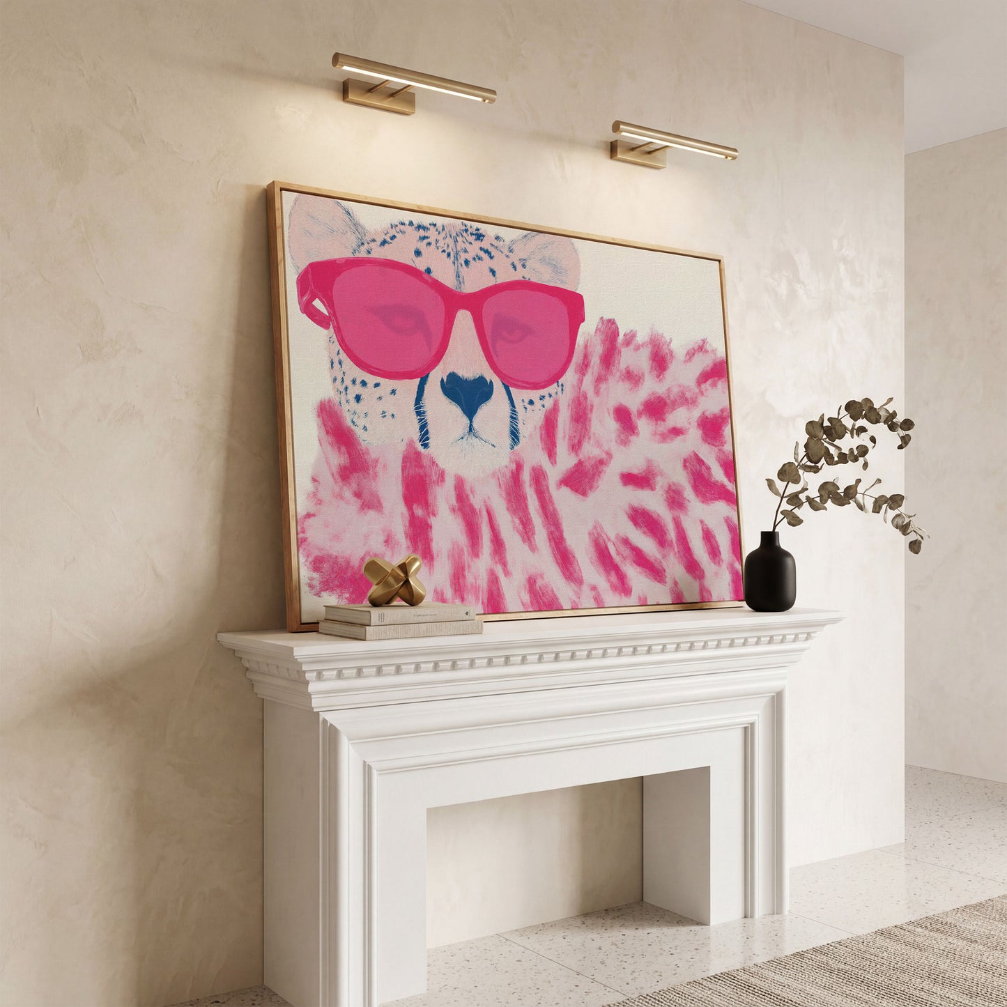 Cheetah with Pink Sunglasses Canvas Print in white oak floating frame