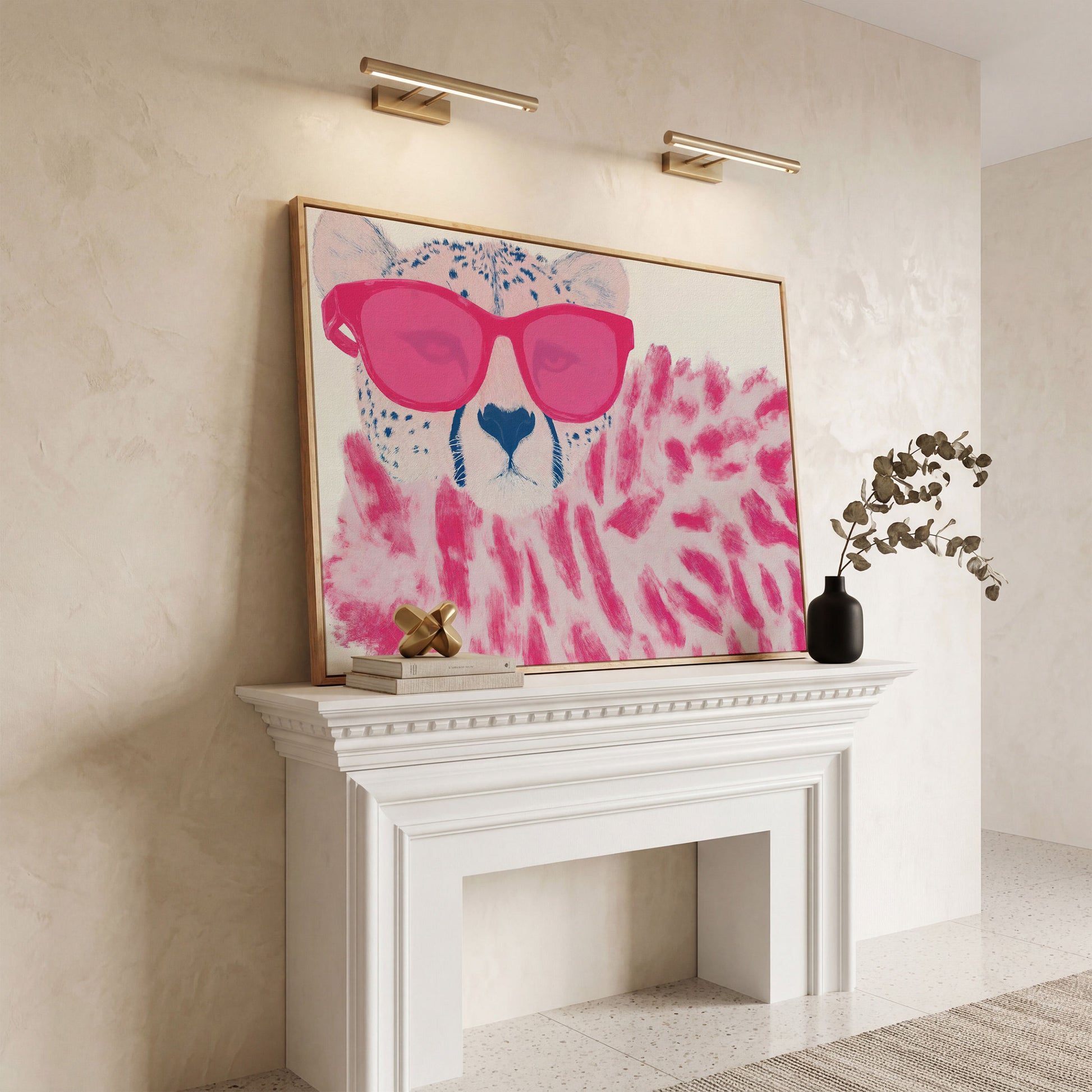 Cheetah with Pink Sunglasses Canvas Print in white oak floating frame
