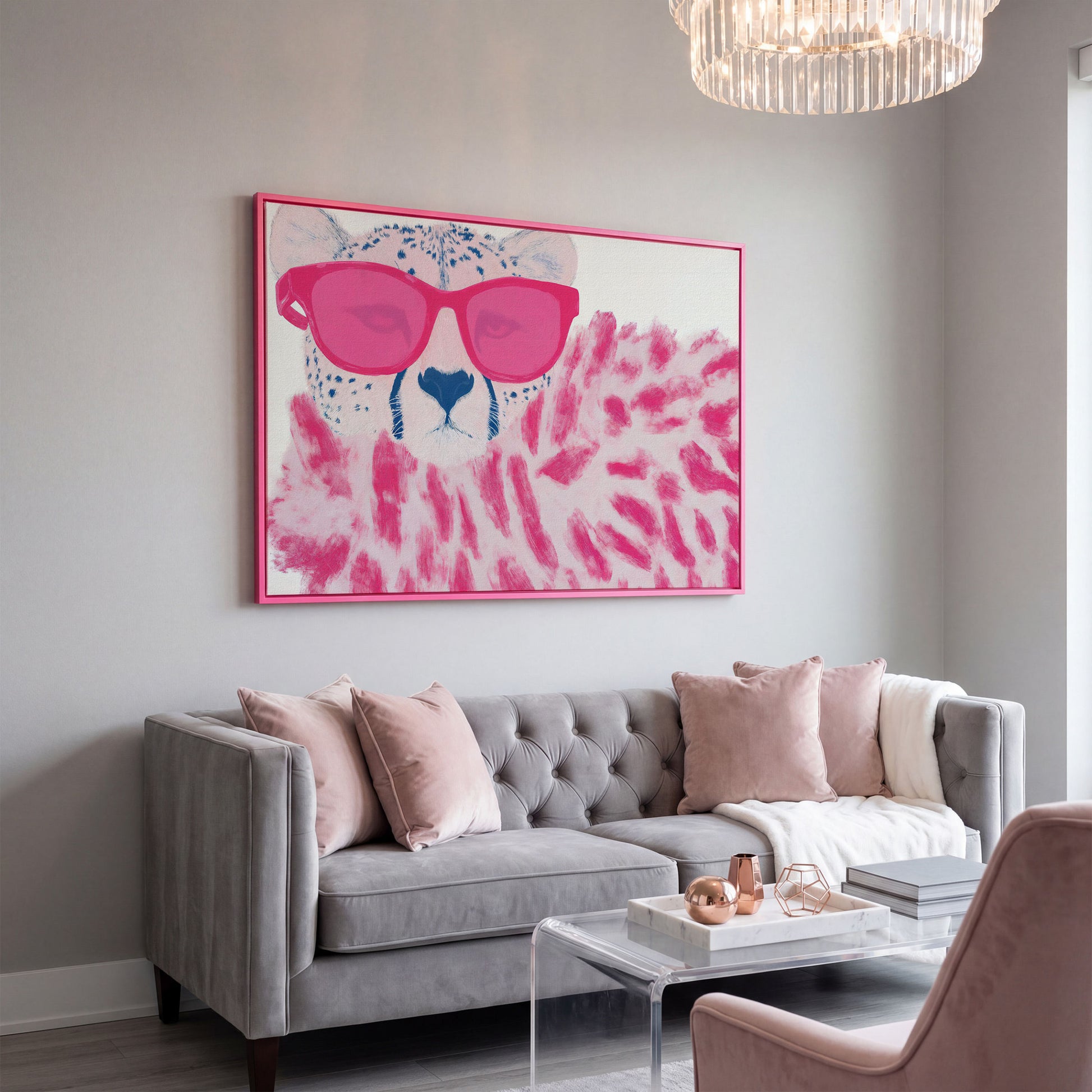 Cheetah with Pink Sunglasses Canvas Print in pink floating frame