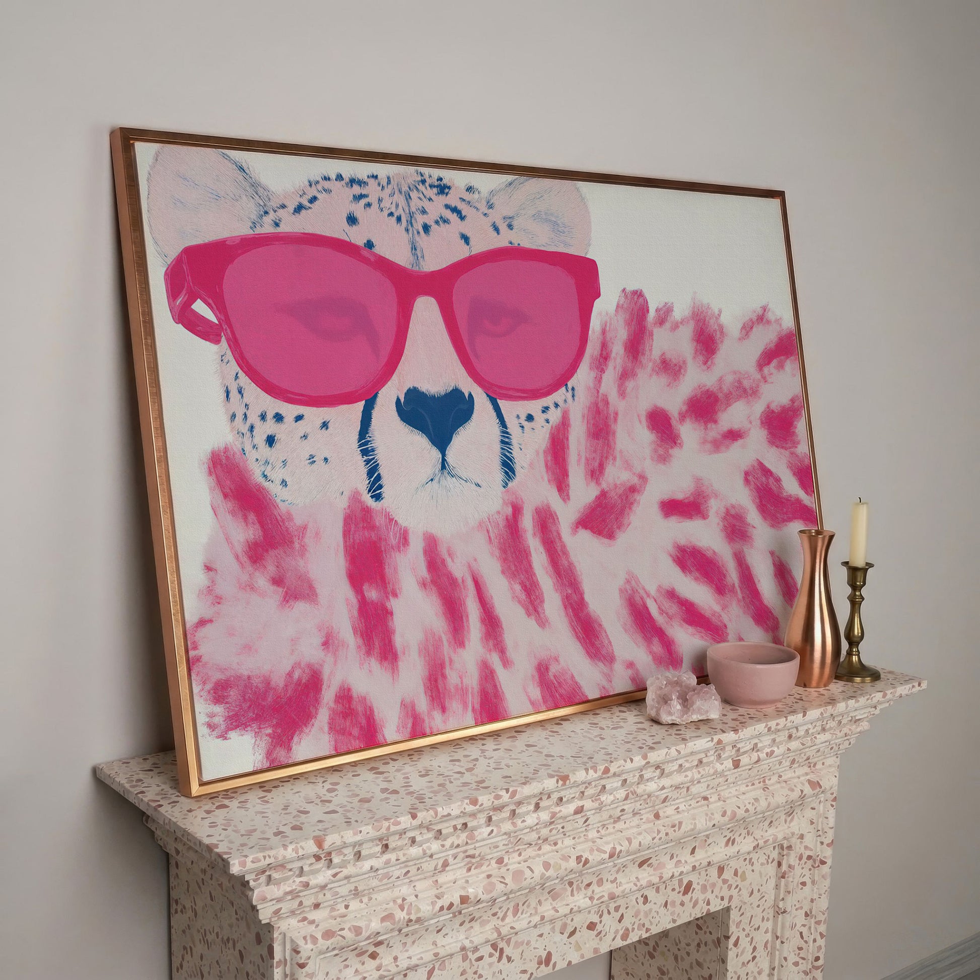 Cheetah with Pink Sunglasses Canvas Print in rose gold floating frame