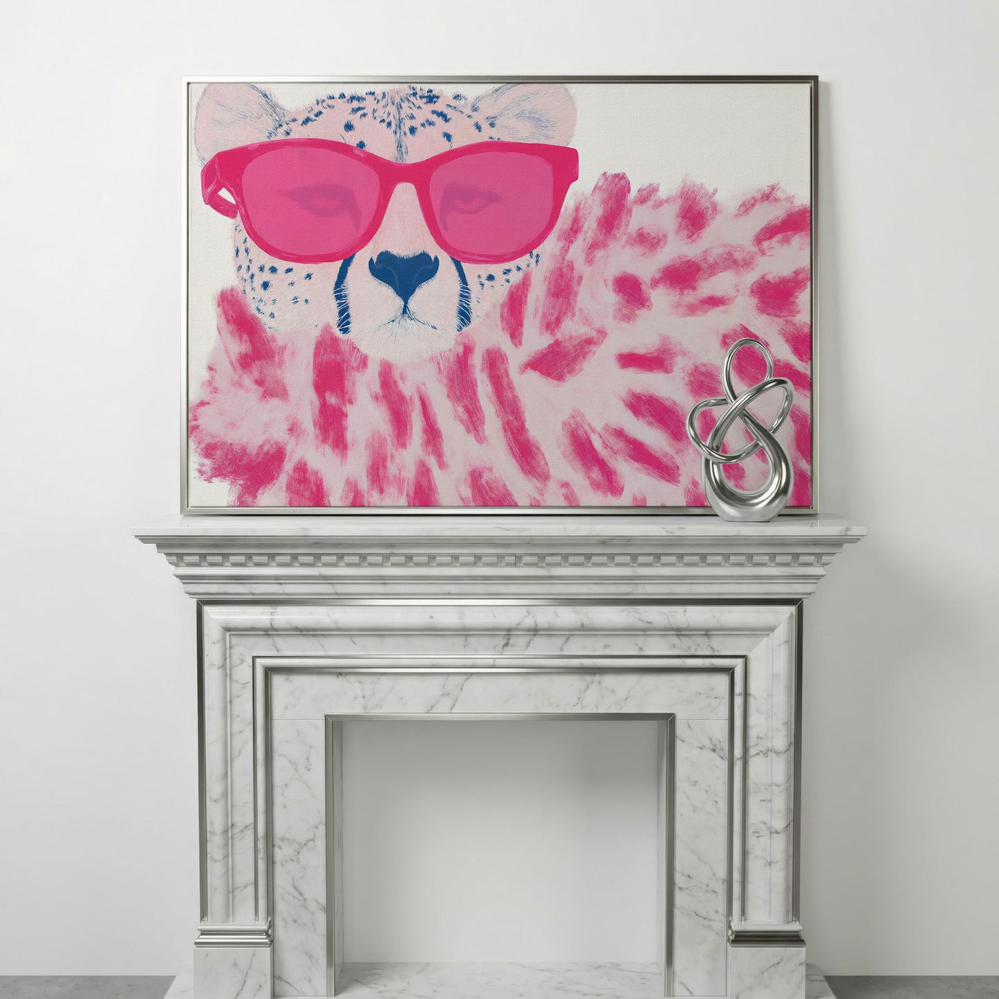 Cheetah with Pink Sunglasses Canvas Print in silver floating frame