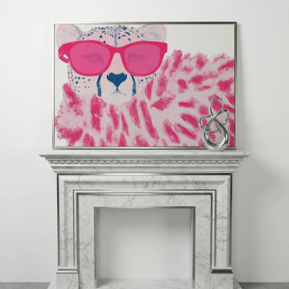 Cheetah with Pink Sunglasses Canvas Print in silver floating frame