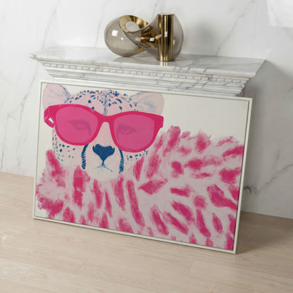Cheetah with Pink Sunglasses Canvas Print in white floating frame