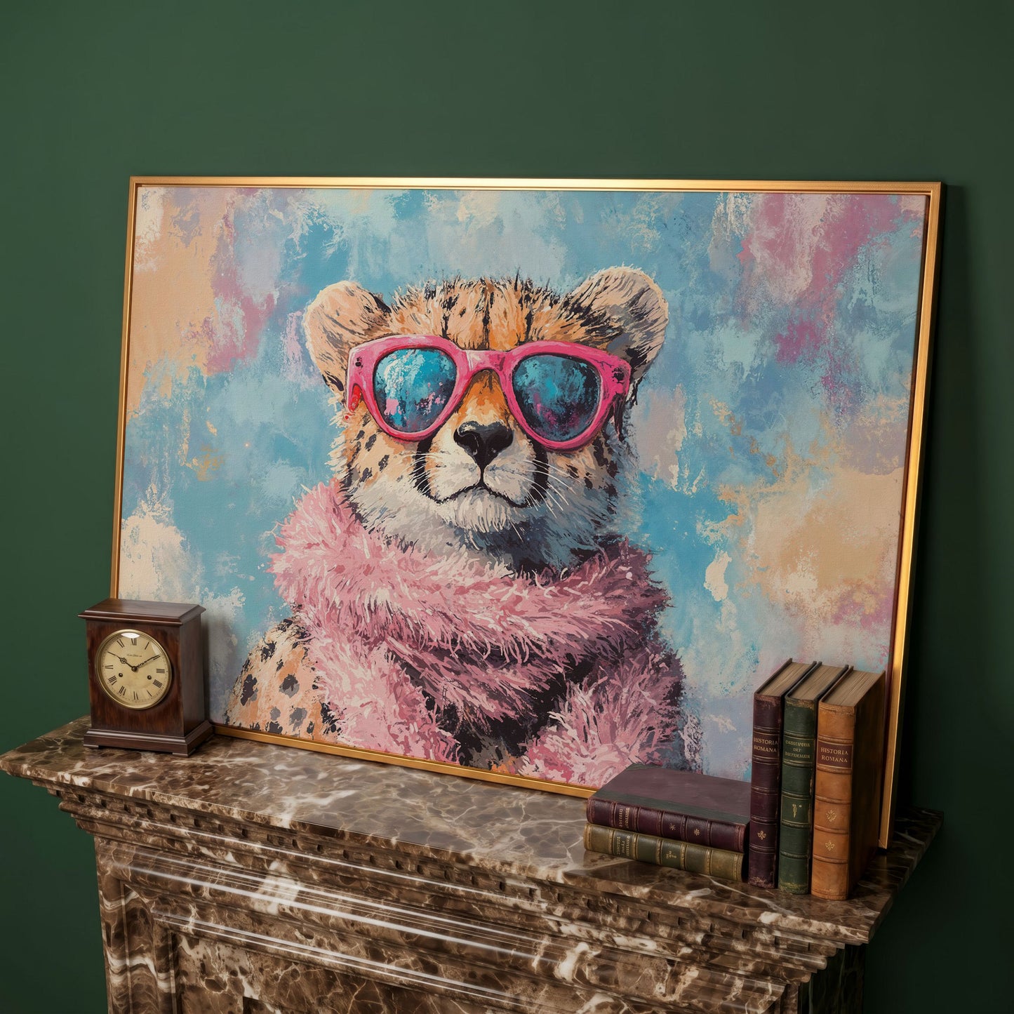 Fashionable Cheetah in Pink Canvas Art in antique gold floating frame