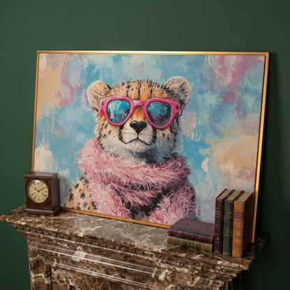 Fashionable Cheetah in Pink Canvas Art in antique gold floating frame