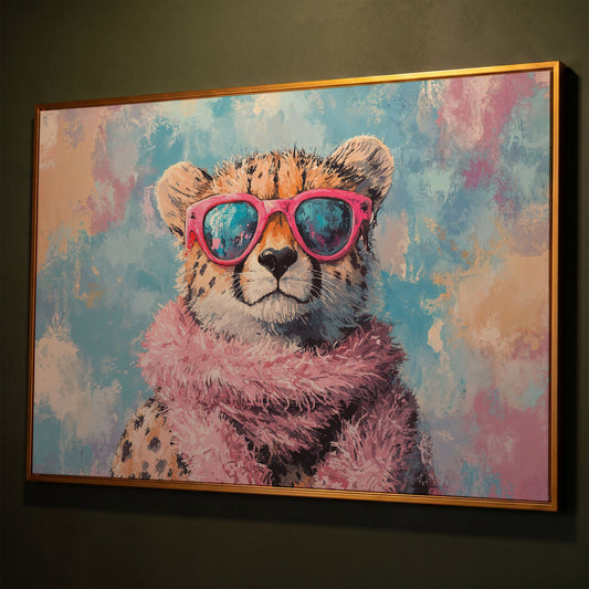 Fashionable Cheetah in Pink Canvas Art shown in antique gold floating frame