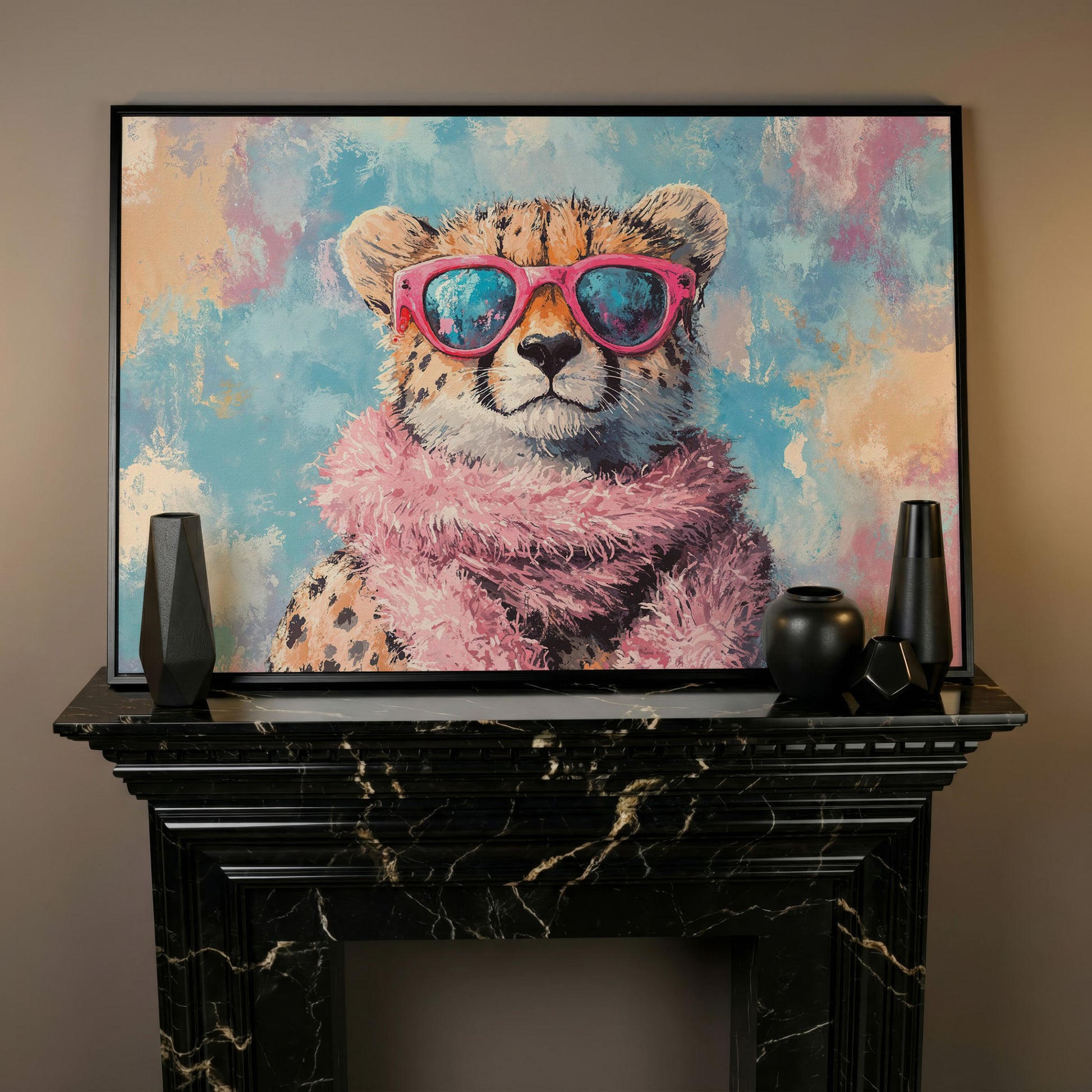 Fashionable Cheetah in Pink Canvas Art in black floating frame