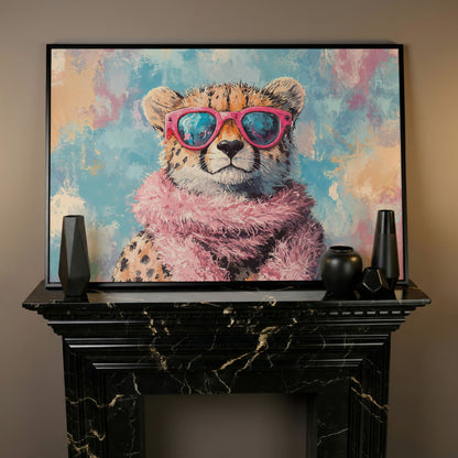 Fashionable Cheetah in Pink Canvas Art in black floating frame