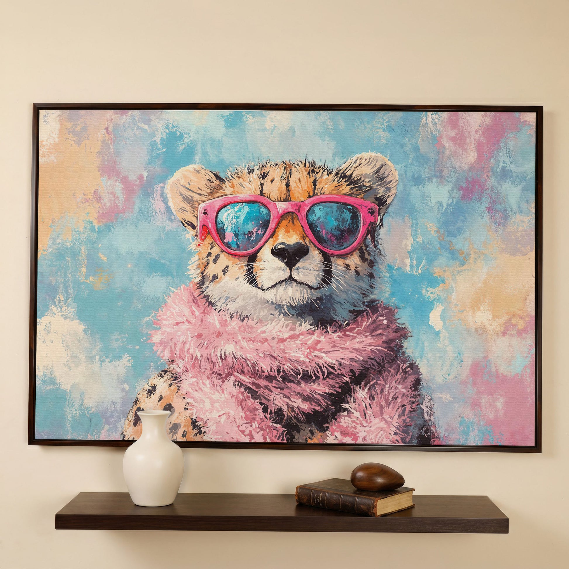Fashionable Cheetah in Pink Canvas Art in dark walnut floating frame