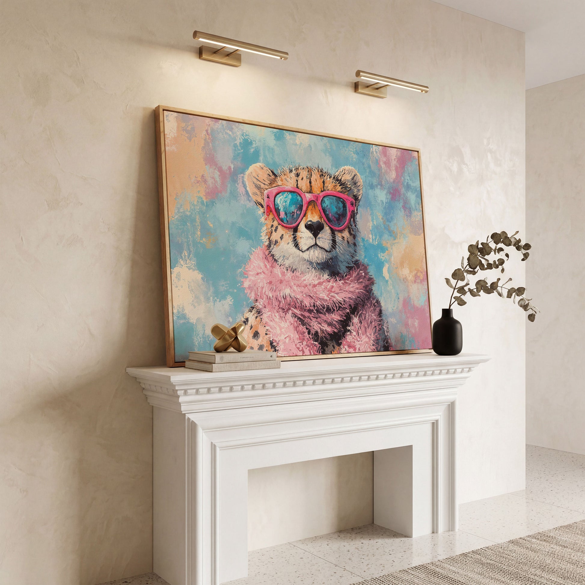 Fashionable Cheetah in Pink Canvas Art in white oak floating frame