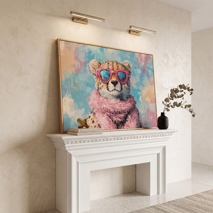 Fashionable Cheetah in Pink Canvas Art in white oak floating frame