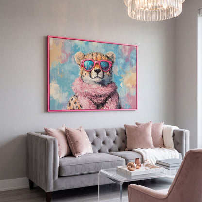 Fashionable Cheetah in Pink Canvas Art in pink floating frame