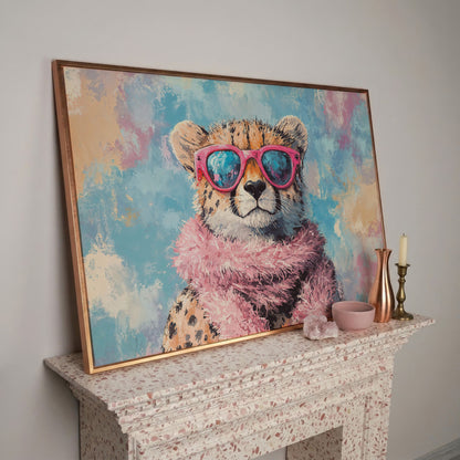 Fashionable Cheetah in Pink Canvas Art in rose gold floating frame