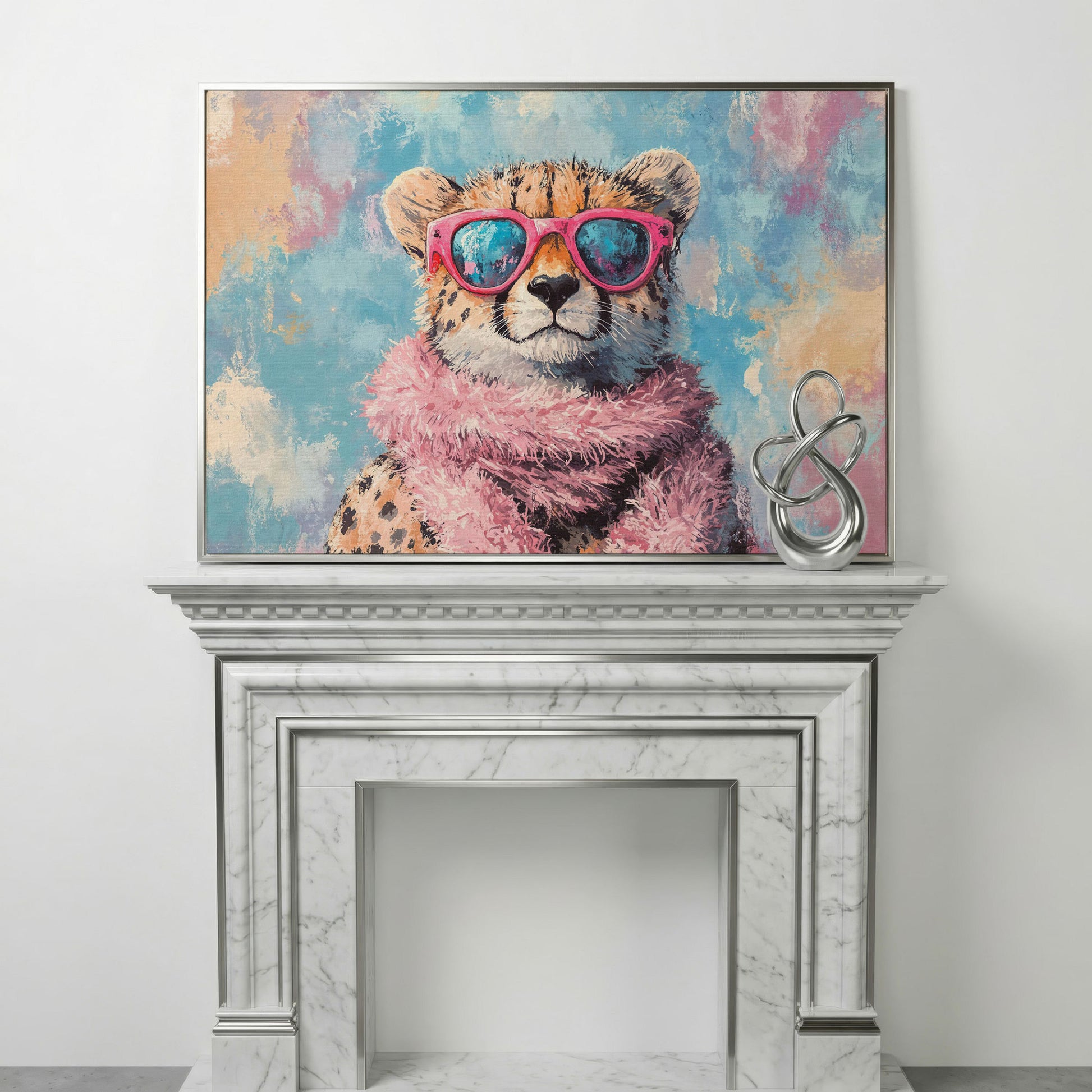 Fashionable Cheetah in Pink Canvas Art in silver floating frame