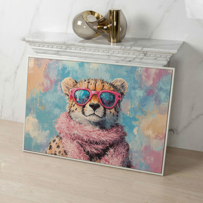 Fashionable Cheetah in Pink Canvas Art in white floating frame