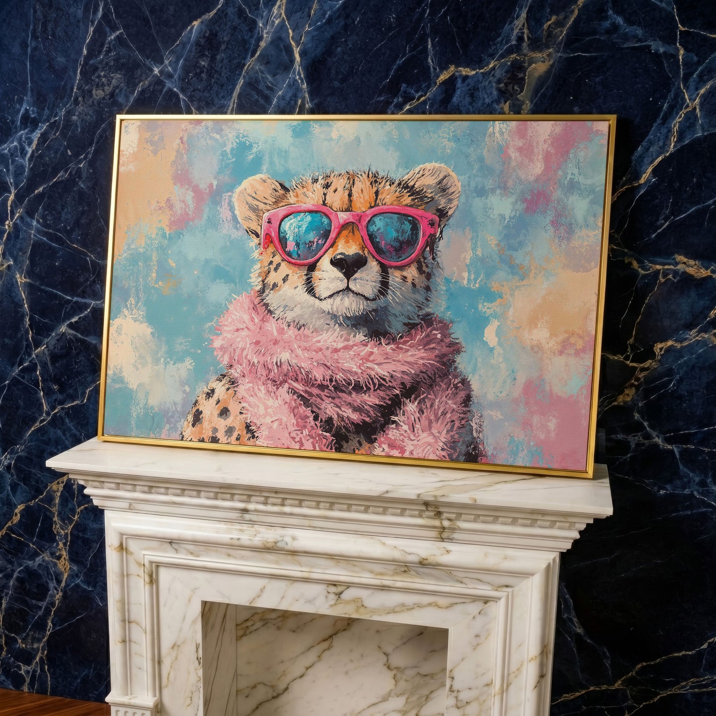 Fashionable Cheetah in Pink Canvas Art in yellow gold floating frame