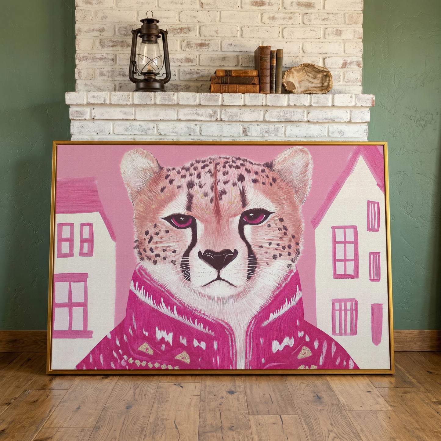 Chic Cheetah in Pink Canvas Print in antique gold floating frame
