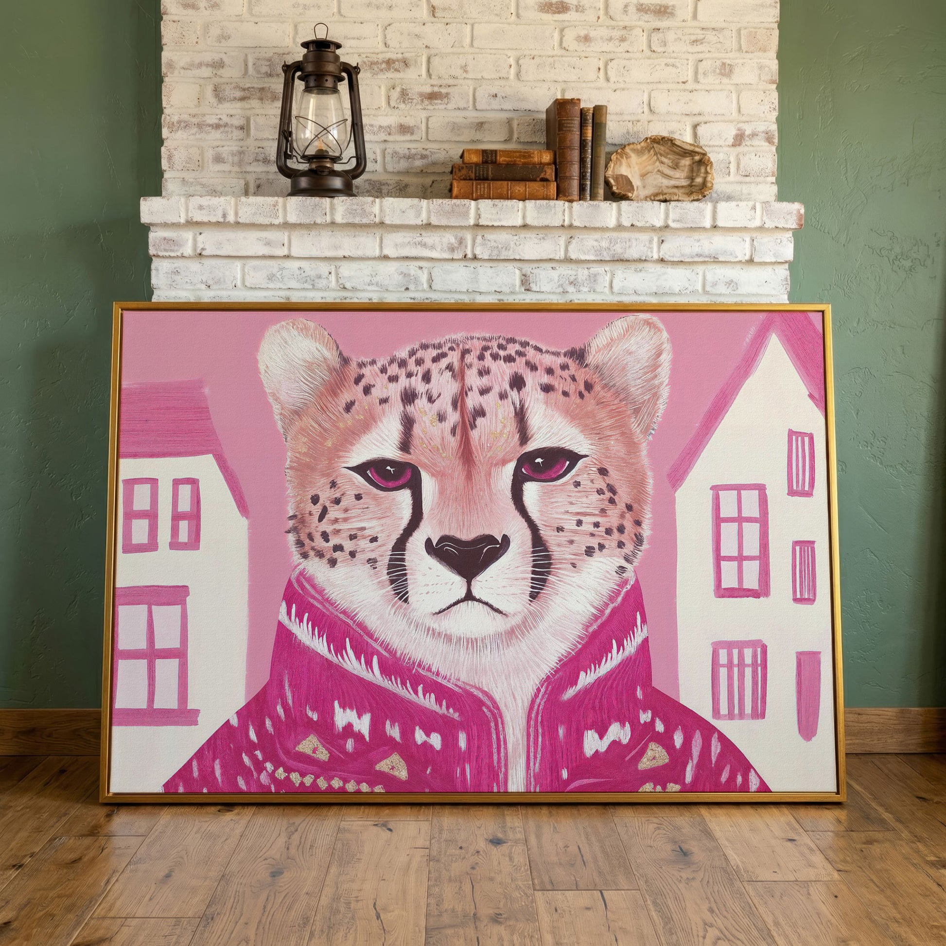 Chic Cheetah in Pink Canvas Print in antique gold floating frame