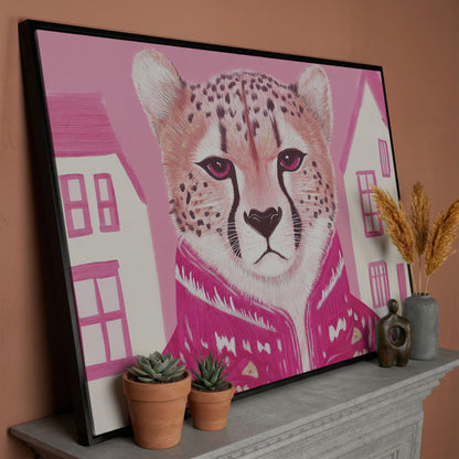 Chic Cheetah in Pink Canvas Print in black floating frame