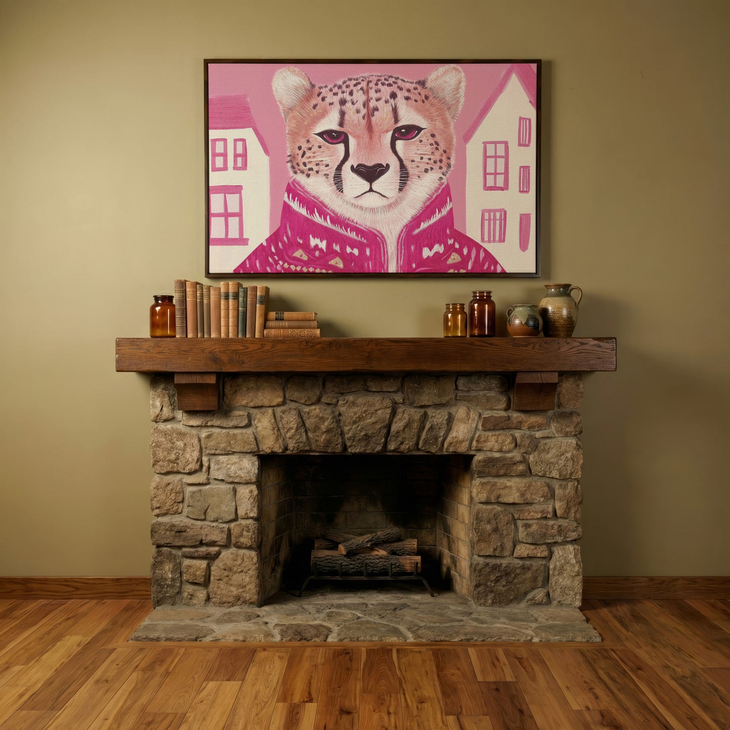 Chic Cheetah in Pink Canvas Print in dark walnut floating frame