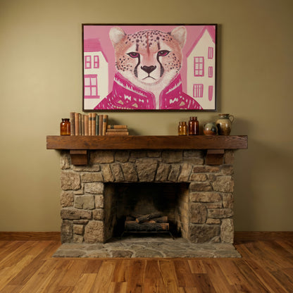 Chic Cheetah in Pink Canvas Print in dark walnut floating frame