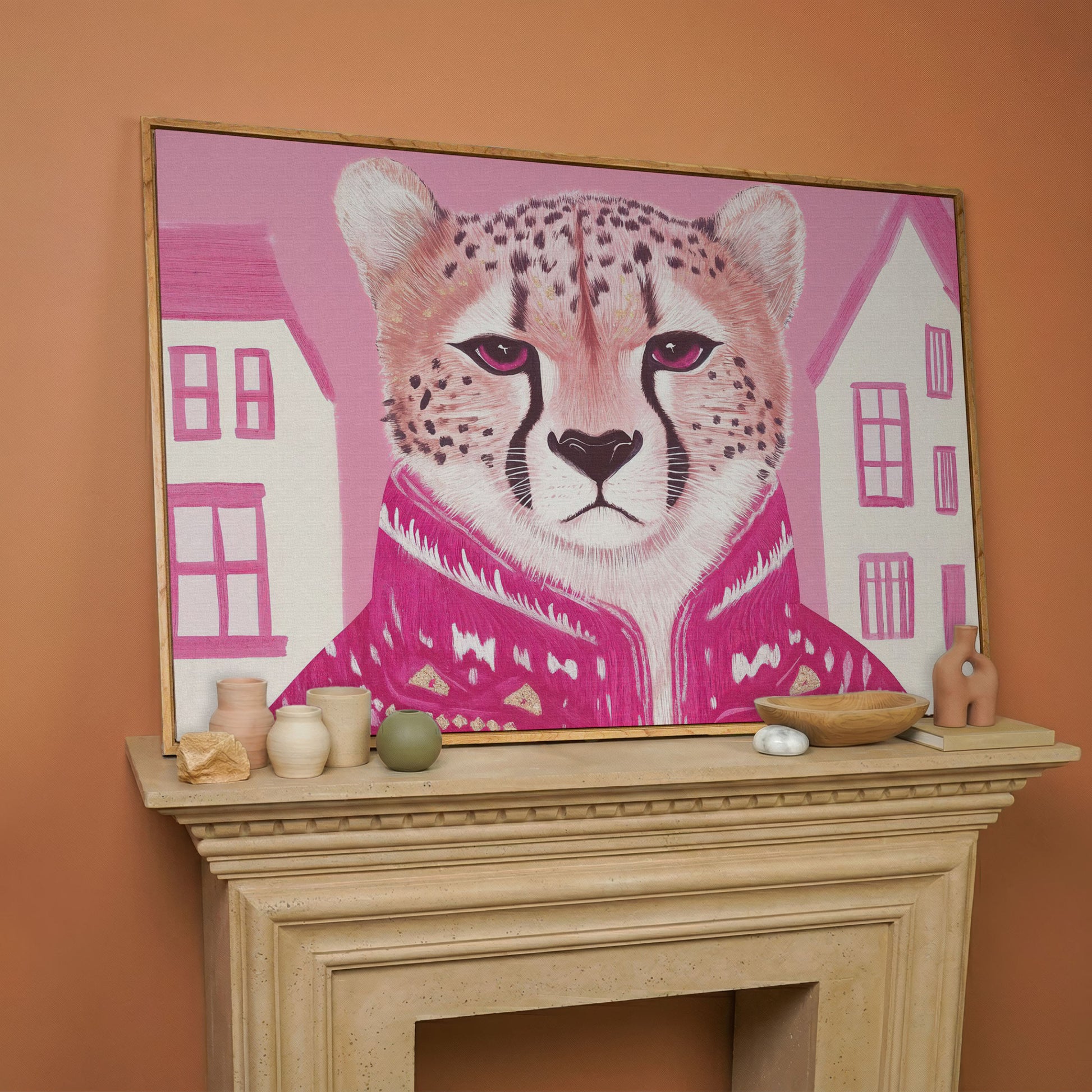 Chic Cheetah in Pink Canvas Print in white oak floating frame