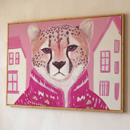Chic Cheetah in Pink Canvas Print shown in white oak floating frame