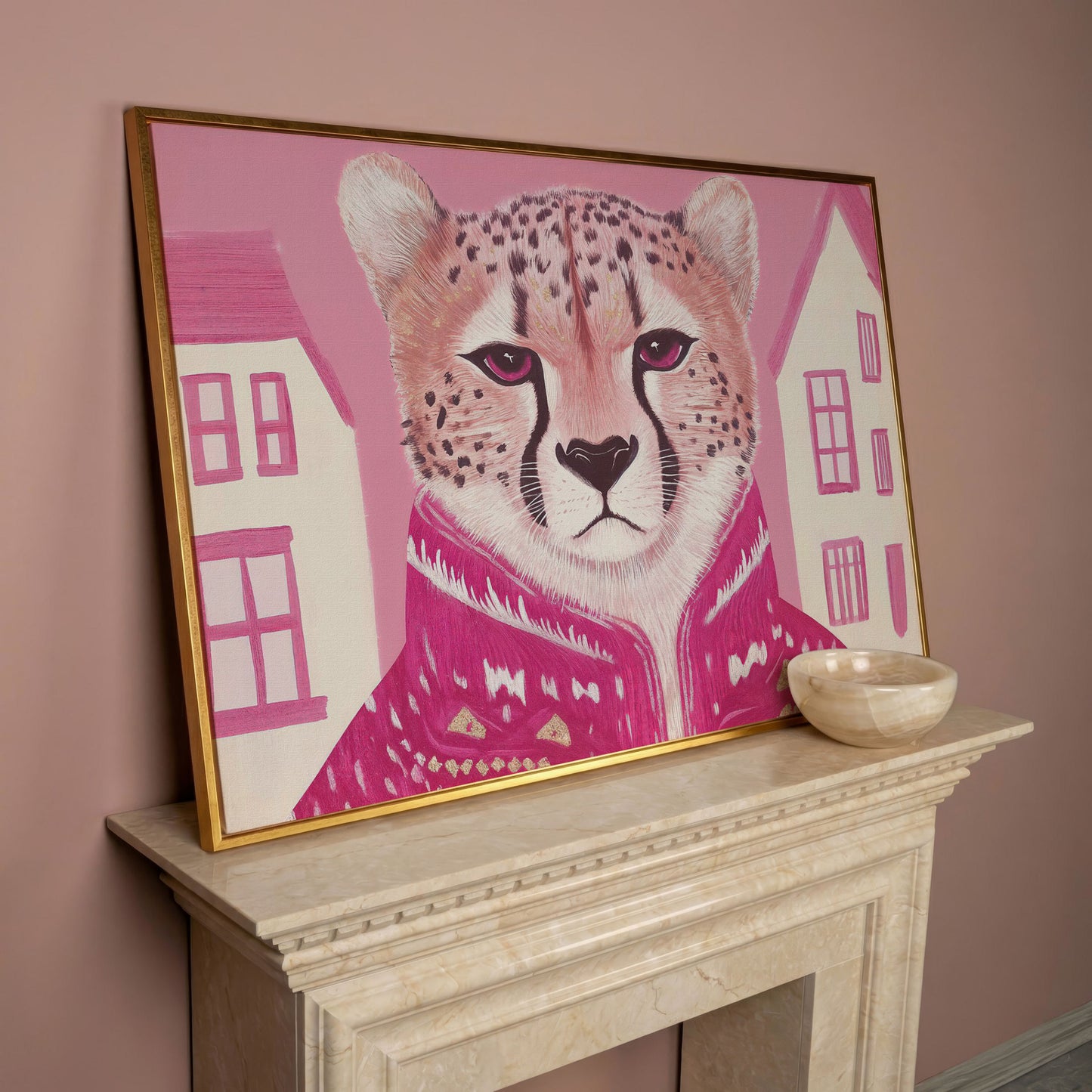 Chic Cheetah in Pink Canvas Print in rose gold floating frame