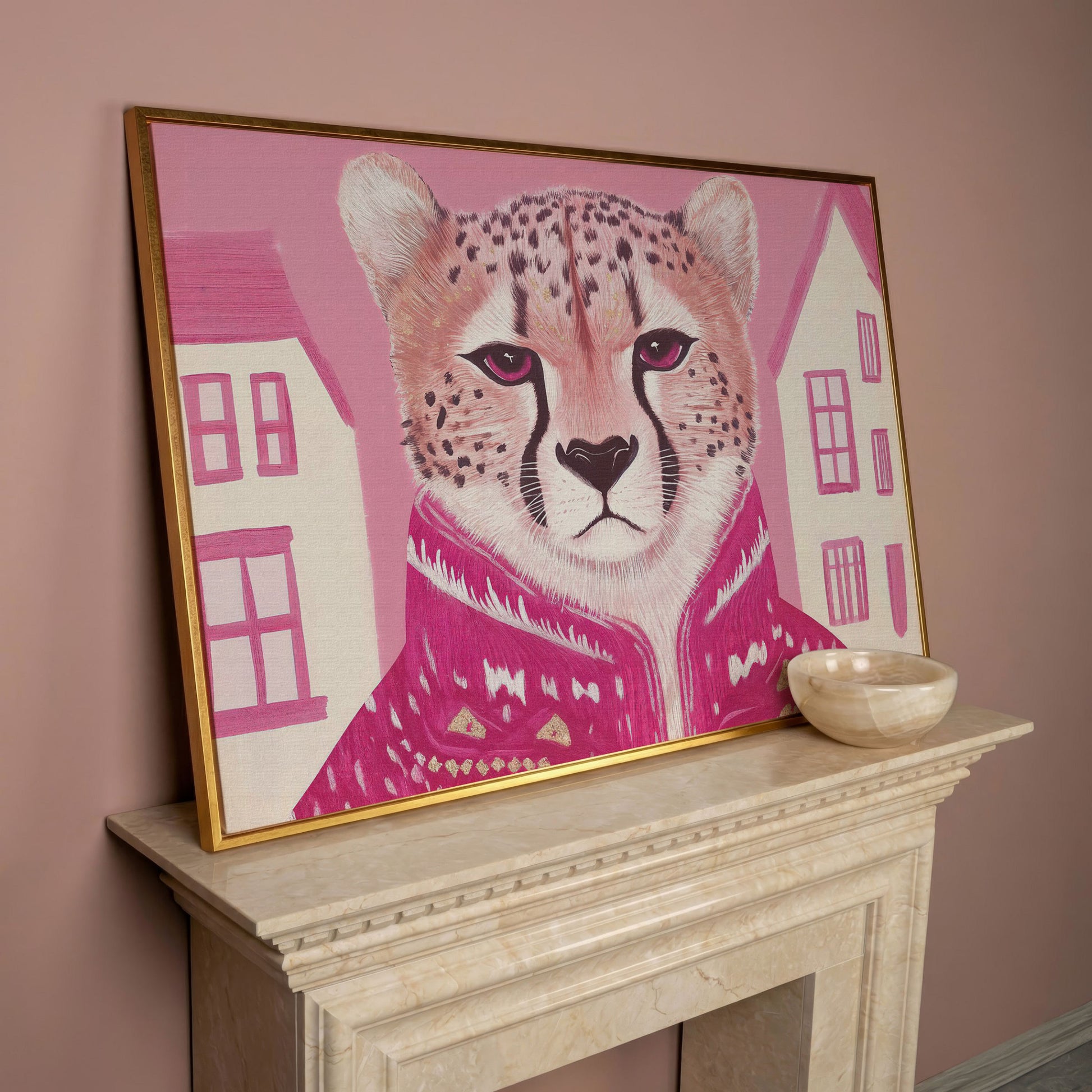Chic Cheetah in Pink Canvas Print in rose gold floating frame