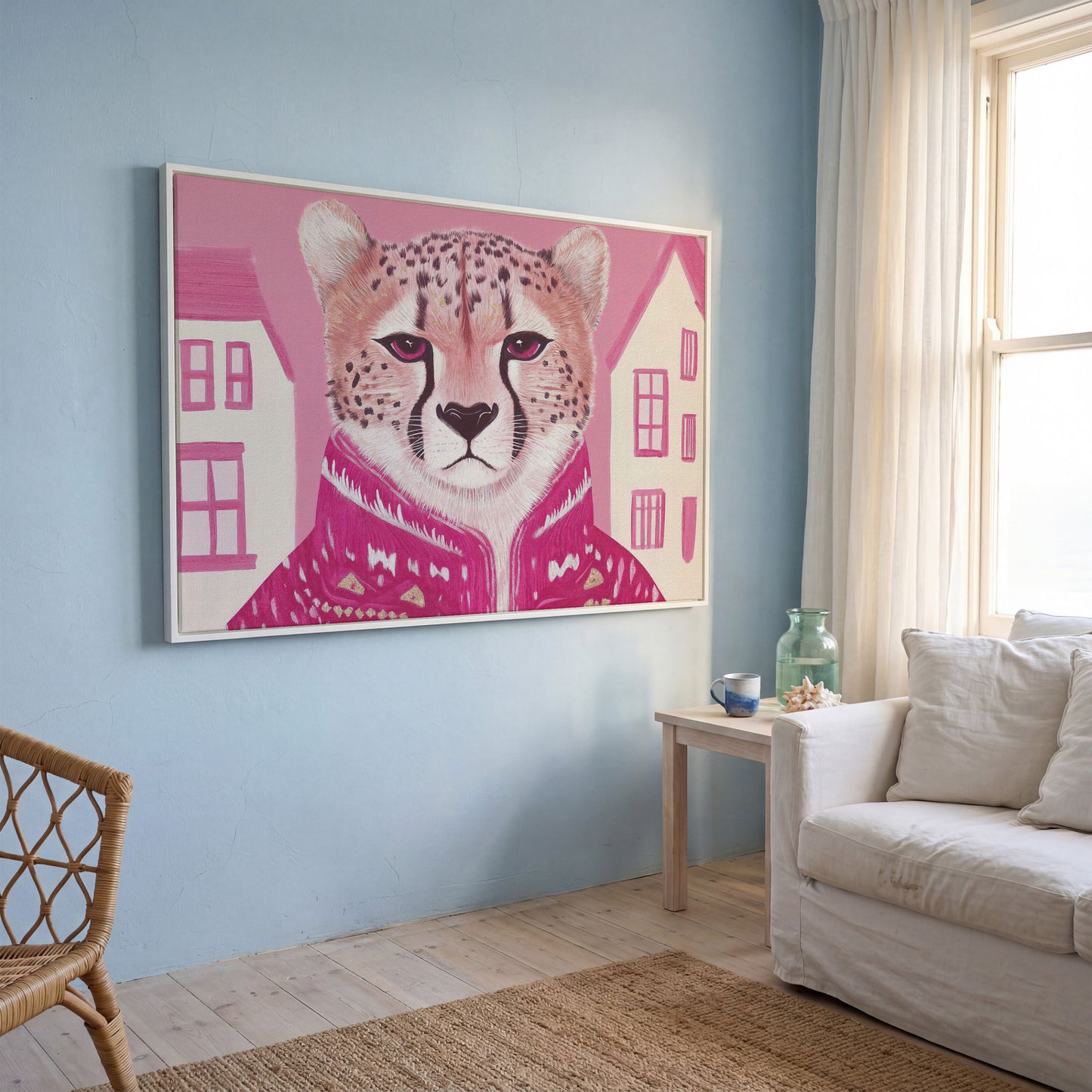 Chic Cheetah in Pink Canvas Print in white floating frame