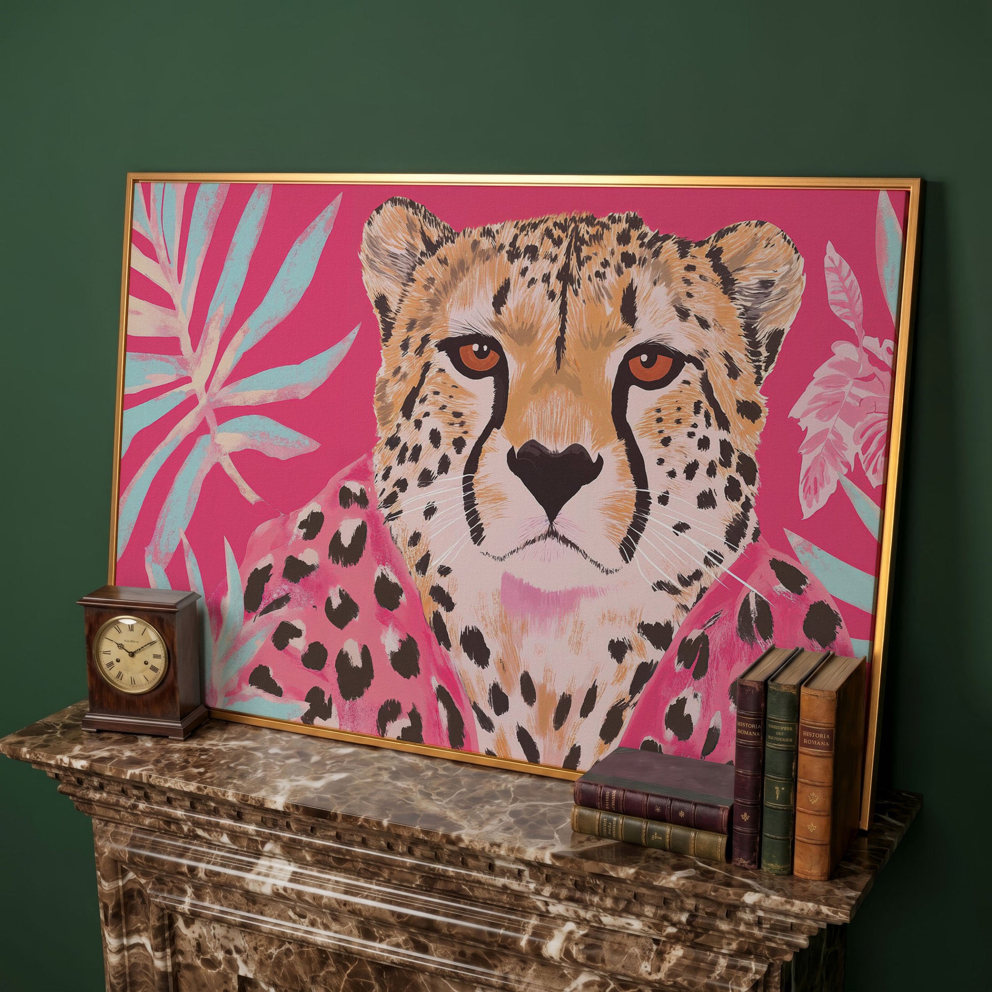 Pink Cheetah with Tropical Leaves Canvas Print in antique gold floating frame