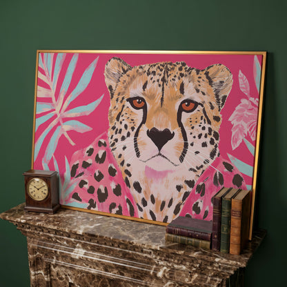 Pink Cheetah with Tropical Leaves Canvas Print in antique gold floating frame