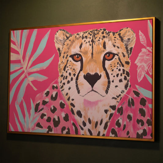 Pink Cheetah with Tropical Leaves Canvas Print shown in antique gold floating frame