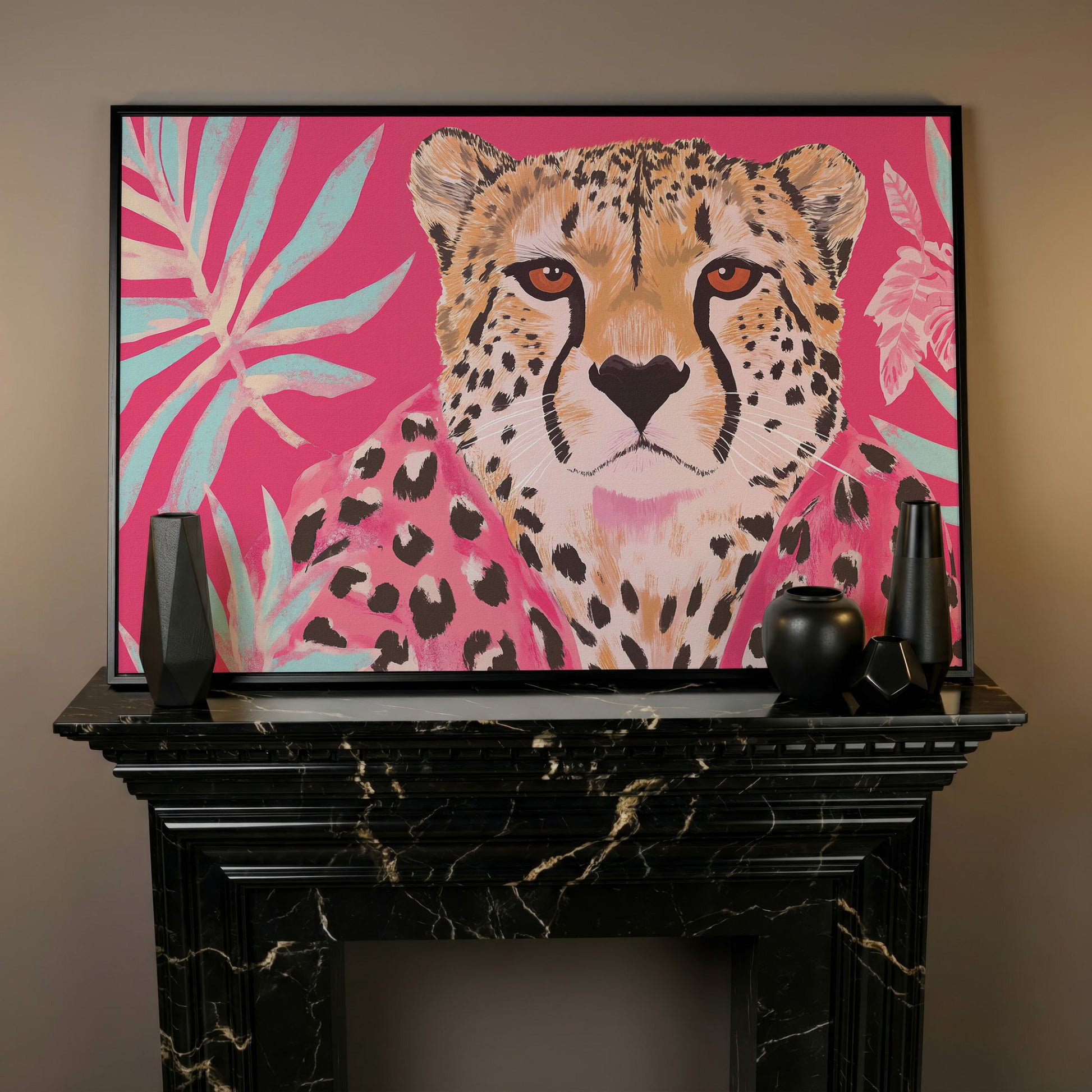 Pink Cheetah with Tropical Leaves Canvas Print in black floating frame