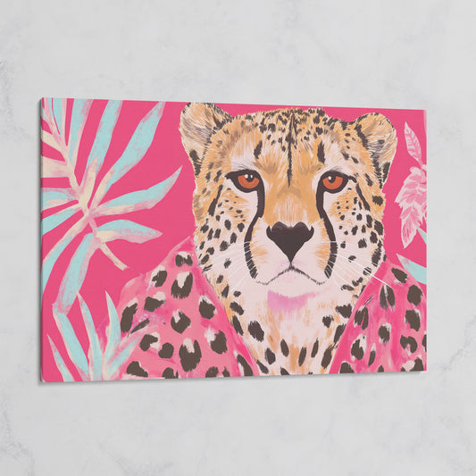 Pink Cheetah with Tropical Leaves Canvas Print on gallery wrap