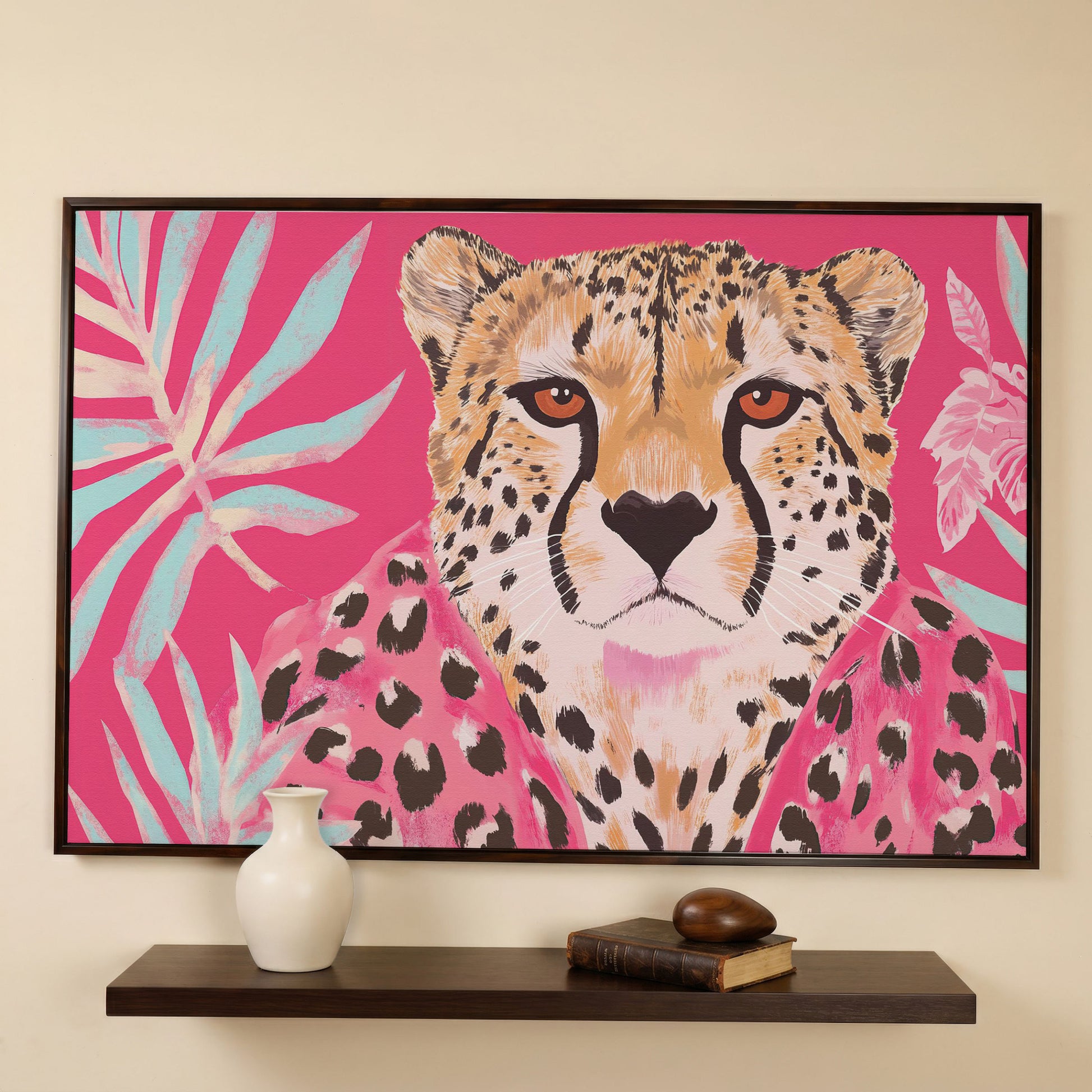 Pink Cheetah with Tropical Leaves Canvas Print in dark walnut floating frame