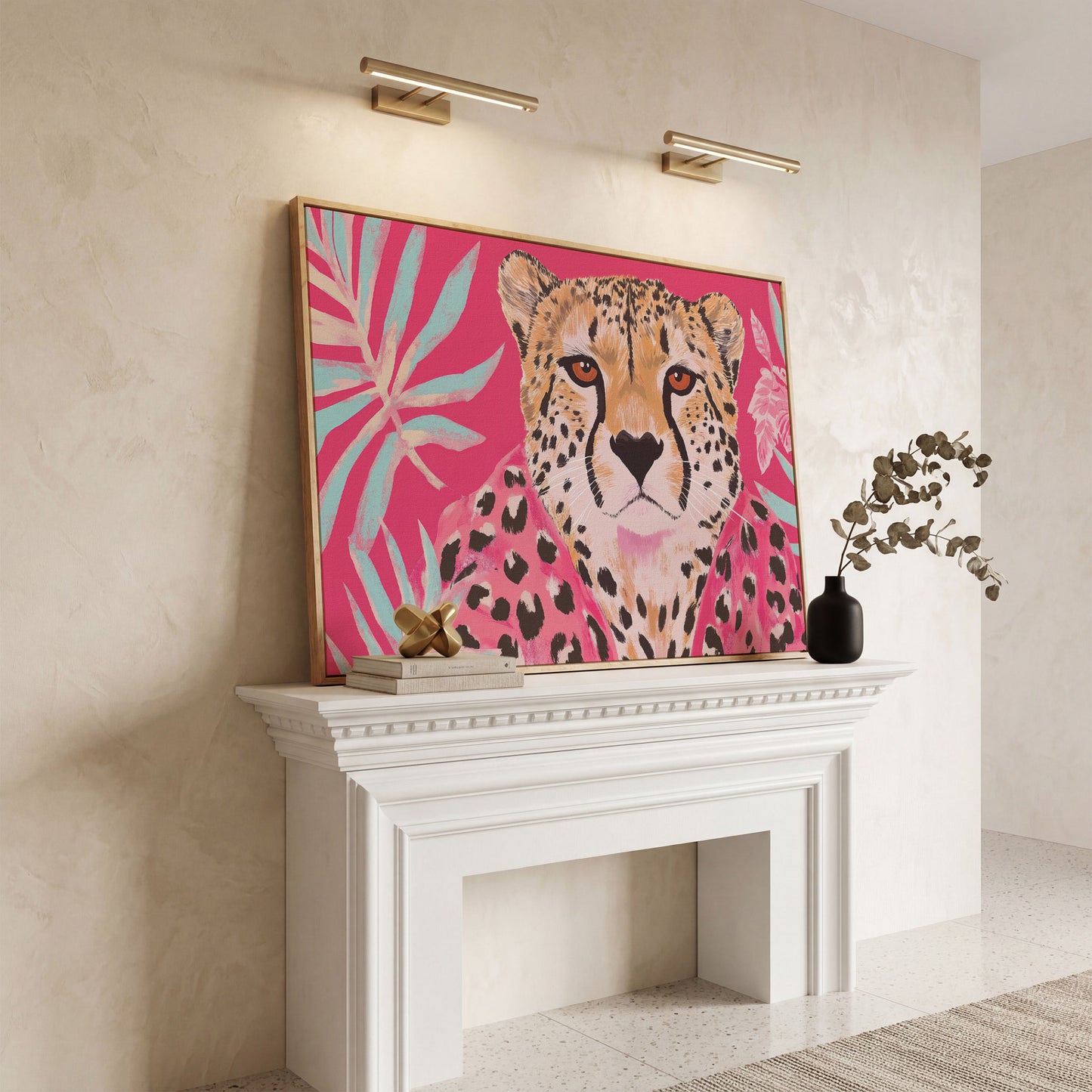 Pink Cheetah with Tropical Leaves Canvas Print in white oak floating frame