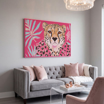 Pink Cheetah with Tropical Leaves Canvas Print in pink floating frame