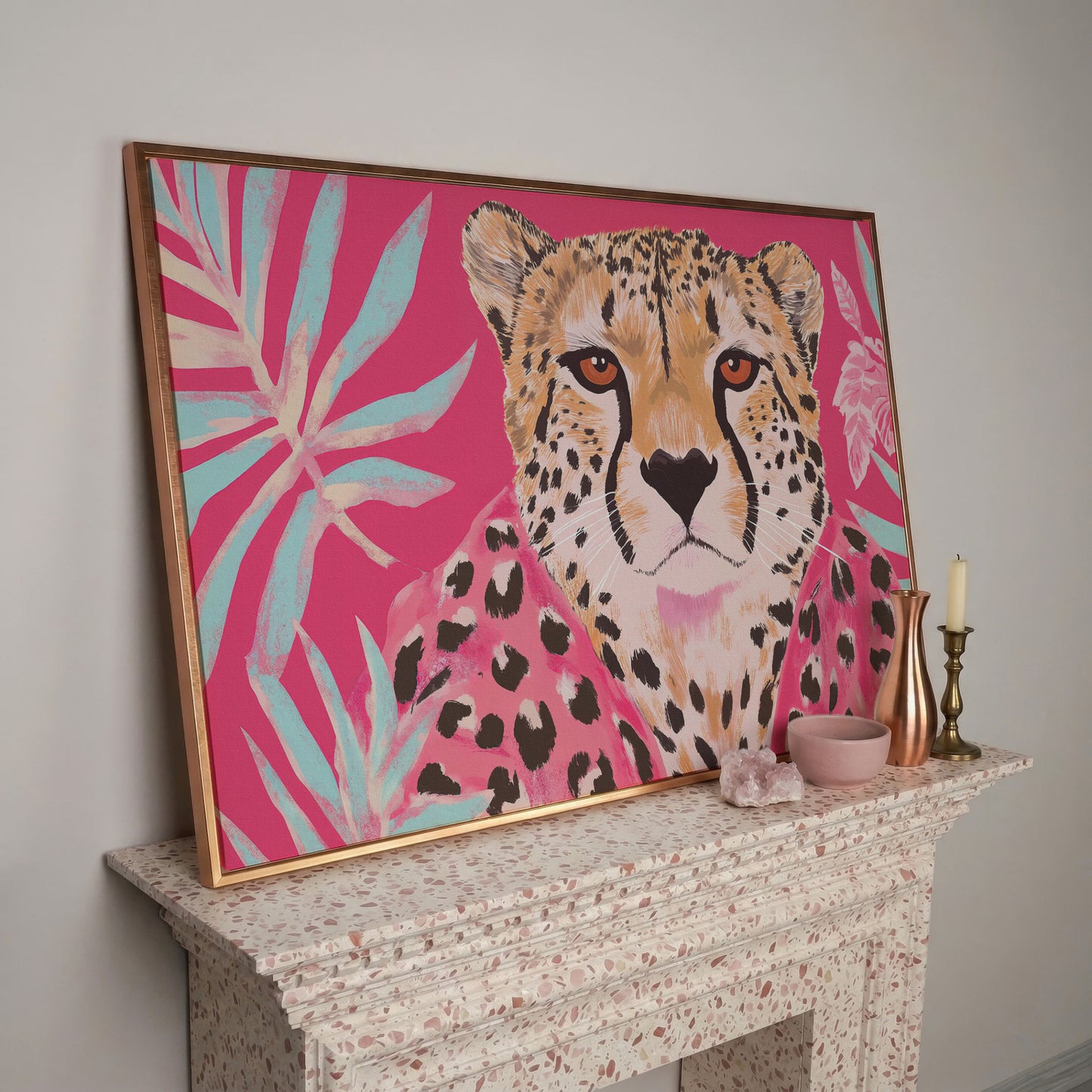 Pink Cheetah with Tropical Leaves Canvas Print in rose gold floating frame