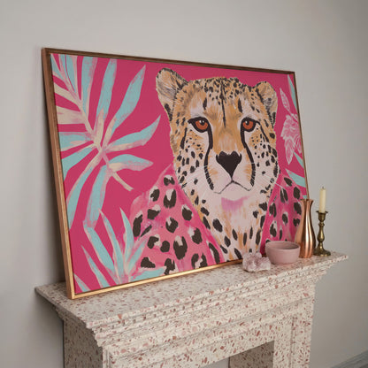 Pink Cheetah with Tropical Leaves Canvas Print in rose gold floating frame